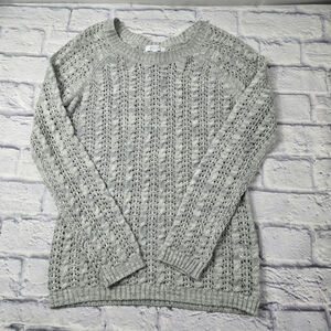 Delias Back Sequin Bow Sweater Light Gray size Small  Loose Knit Keyhole Holiday